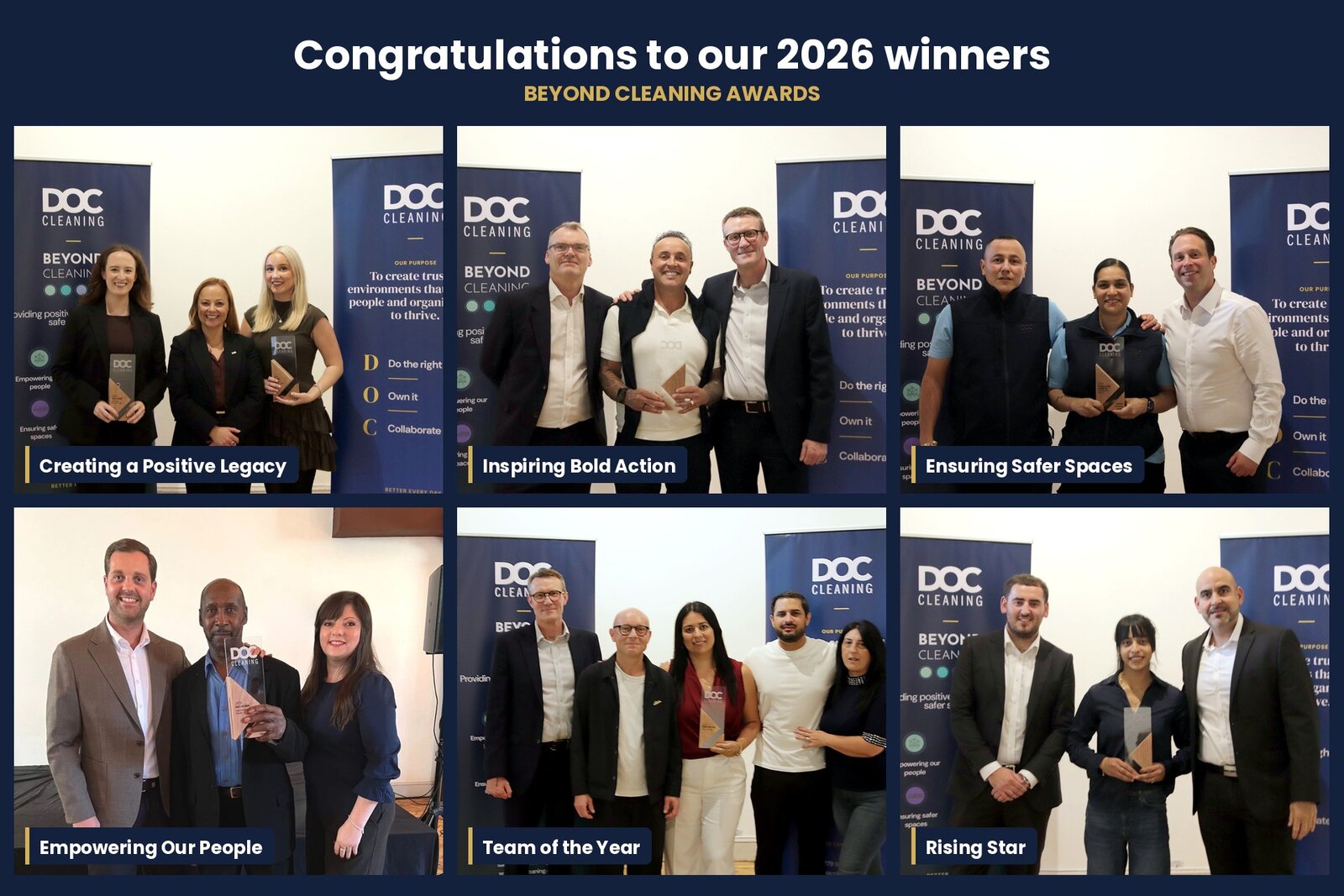 DOC Cleaning Beyond Cleaning Awards 2026 winners holding their trophies
